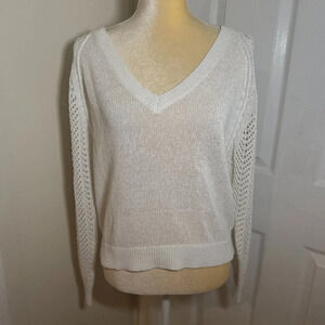 Brochu Walker White Open Stitch Back & Sleeve V-Neck Sweater